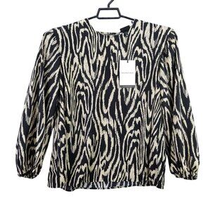 Womens Black & Ivory Animal Print Top Blouse Long Sleeve Round Neck Size L